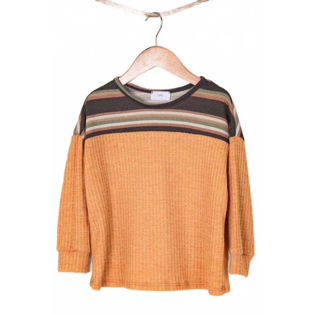 NEW 12PM BY MON AMI girls stripe waffle knit top in mustard